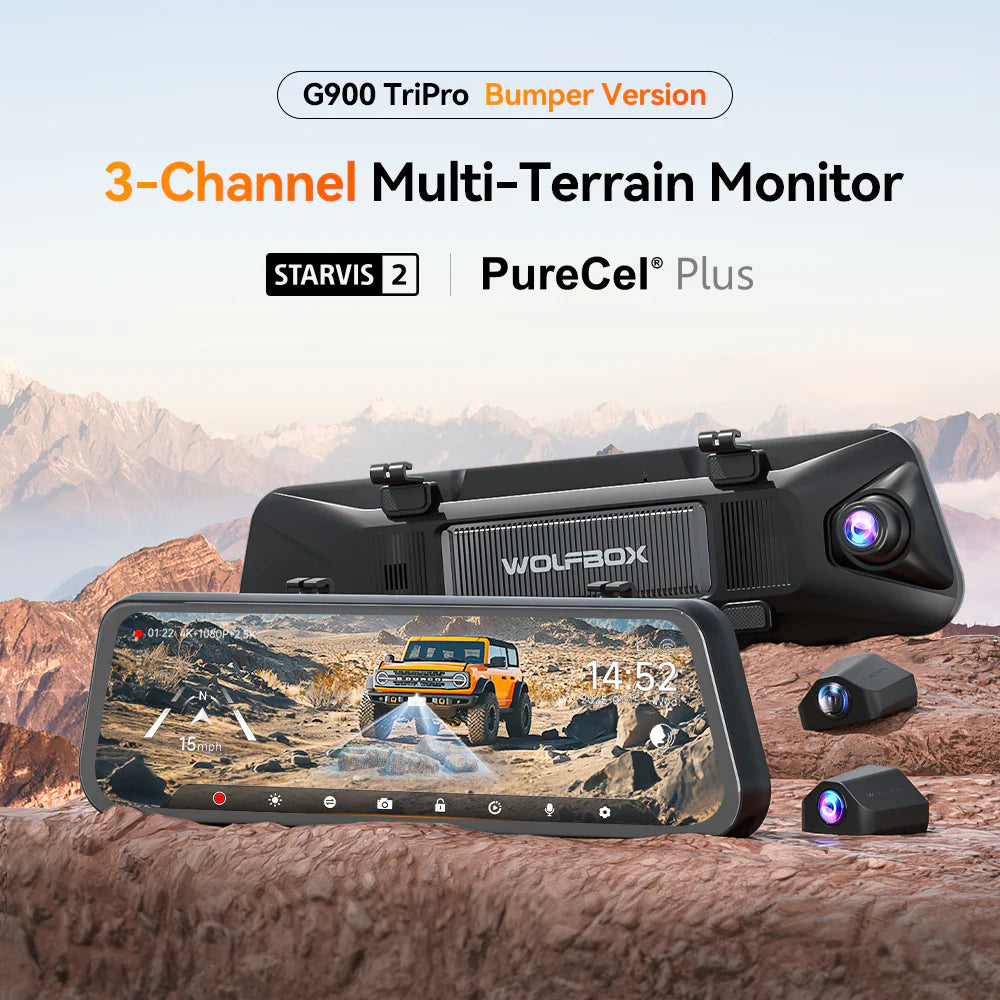 WOLFBOX G900 TriPro 3-Channel Dash Cam | 4K + Bumper Camera – West